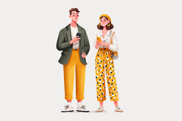 Stylish young couple in trendy casual outfits holding smartphones and looking at the screen.