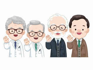 Four distinguished scientists in lab coats and suits wave hello with cheerful expressions.