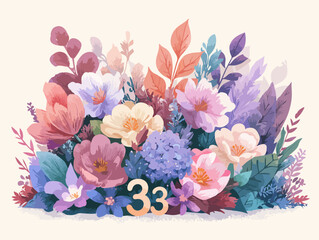 A beautiful vector illustration of a diverse floral arrangement with the number 33 prominently displayed.