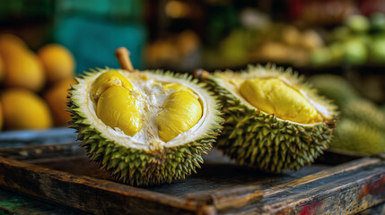 Ripe durian fruit cut open on table, representing exotic tropical fruit and organic food concept