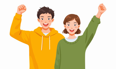 Two happy young people with raised fists celebrating success and victory with joyful expressions.
