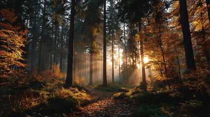 Fototapeta premium Scenic pathway through a golden autumn forest with sunlight filtering through the tall trees