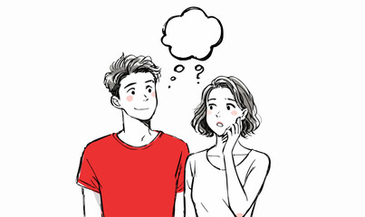 A young couple contemplates an empty thought bubble, symbolizing uncertainty or unspoken feelings.