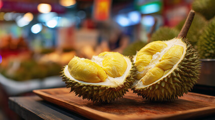 Fresh durian fruit at street market, representing exotic tropical nutrition and natural wellness concept