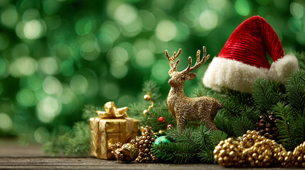 Bright green festive Christmas background with fir branches, Santa's hat, golden deer, garlands, bokeh effect, with space for text, horizontal banner
