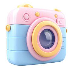 Adorable 3D rendered cartoon camera with pink and blue body.