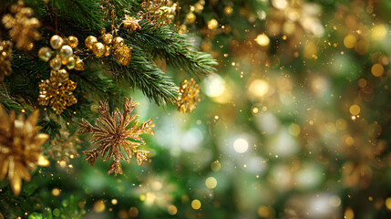 Bright light green festive Christmas background with fir branches, garlands, golden Christmas tree decorations, golden snowflakes, bokeh effect, with space for text. Horizontal holiday banner