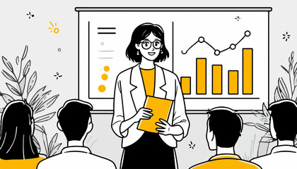 A confident woman presents a business growth chart to her attentive audience during a meeting.