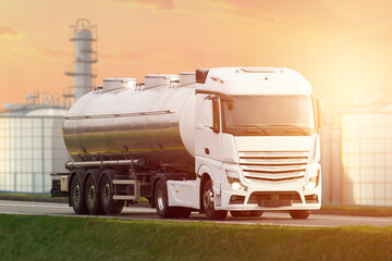 The Journey of Energy: A Gleaming Tanker Truck and Distant Refinery Towers