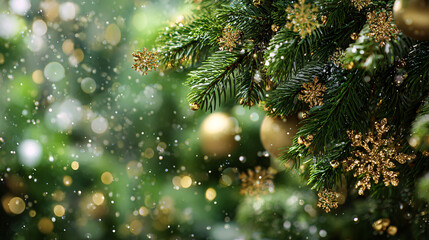 Bright light green festive Christmas background with fir branches, garlands, golden Christmas tree decorations, golden snowflakes, bokeh effect, with space for text. Horizontal holiday banner