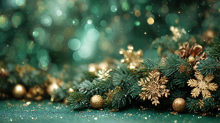 Bright light green festive Christmas background with fir branches, garlands, golden Christmas tree decorations, golden snowflakes, bokeh effect, with space for text. Horizontal holiday banner