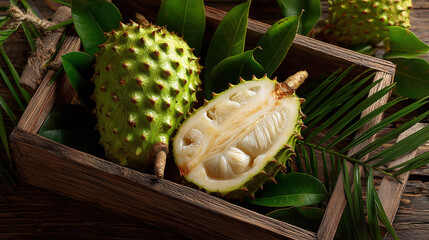 Fresh soursop fruit in wooden box with green leaves, representing tropical exotic nutrition and organic wellness concept