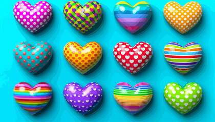 A vibrant collection of colorful, patterned heart shapes arranged in a grid on a bright blue background.