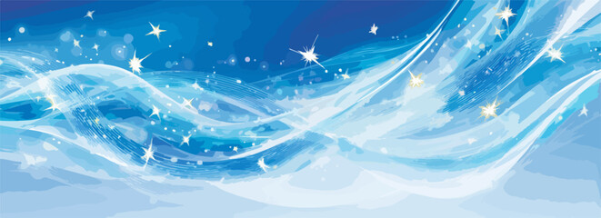 Abstract flowing blue waves with sparkling stars create a magical and ethereal background.