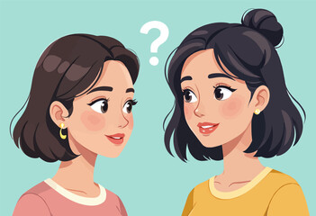 Two women conversing with question mark above head, cartoon vector art
