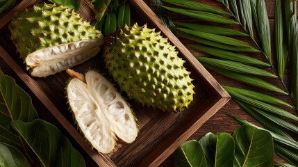 Soursop fruit with green leaves in wooden tray, representing tropical superfood and natural wellness concept