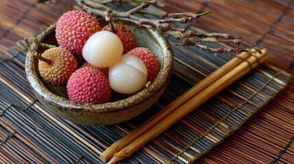 Fresh lychee fruits peeled in bowl on bamboo mat, representing exotic tropical fruit and organic wellness concept