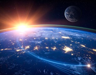 A vibrant sunrise over planet earth with an orbiting moon in outer space