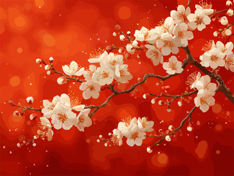 Delicate white plum blossoms bloom vibrantly against a warm, glowing red background.