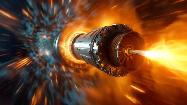 Exciting close-up view of a powerful rocket engine igniting with intense flames and energy during launch preparation