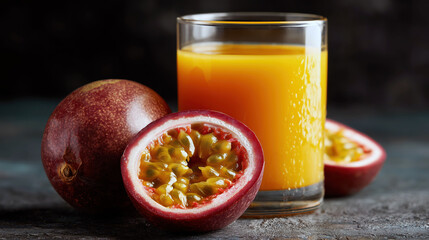 Glass of passion fruit juice with fresh fruits on dark table, representing tropical nutrition and wellness concept
