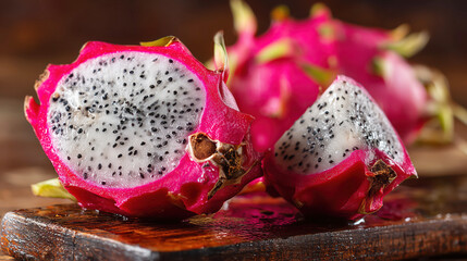 Cut dragon fruit (pitaya) on wooden board, representing exotic tropical fruit and vegan wellness concept