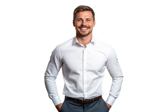 Smiling Entrepreneur with hands in pockets, isolated on transparent background - Powered by Adobe