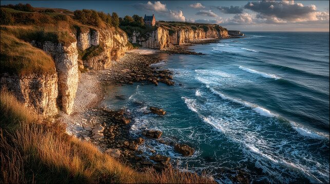 Coastal cliffs bathed in golden sunset light overlooking the ocean