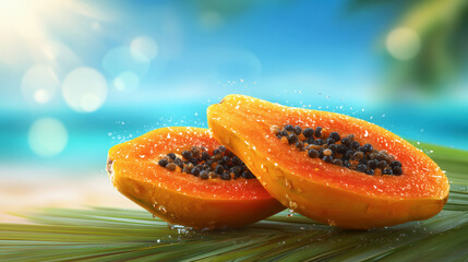 Half papaya fruits with seeds on tropical background, representing summer exotic wellness and nutrition concept