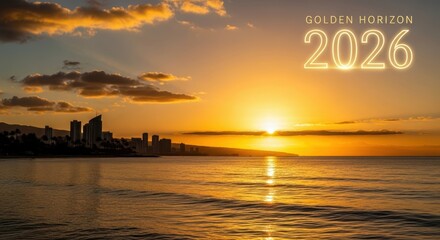 Stunning 2026 new year sunrise over calm water reflecting city skyline warm golden hour sky