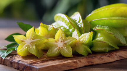 Sliced carambola (star fruit) on wooden board, representing tropical freshness, vegan nutrition and wellness concept