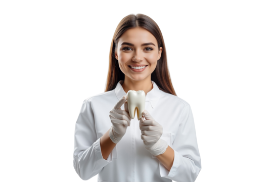 Smiling female dentist holding a large tooth model, isolated on transparent background