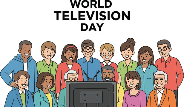 Celebrating world television day with a diverse group of people watching tv - Powered by Adobe