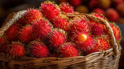 Rambutan fruits in basket, representing tropical exotic fruit and vegan organic wellness concept