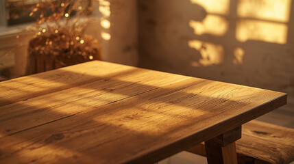 Fototapeta premium Beautiful Oak Wood Table Edge Illuminated by Window Light Blurry Neutral Bedroom Background - High Quality Furniture Photography Hygge Home Lifestyle Display Surface
