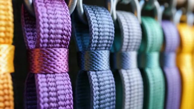 Colorful woven straps hanging neatly in a row, showcasing a vibrant array of hues in a craft store or workshop setting
