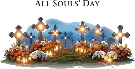 All souls day graveyard scene with glowing crosses, flowers, and candles for remembrance of the dead