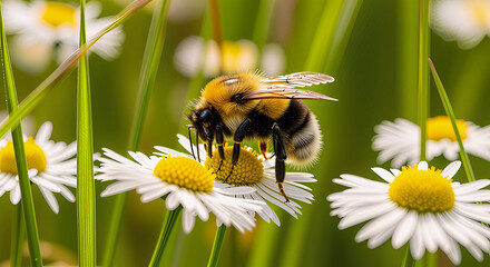 bee collecting nectar on a yellow flower in a summer garden