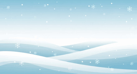 A tranquil, stylized winter landscape featuring rolling snowy hills and gently falling snowflakes against a light blue sky.