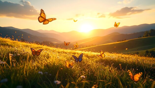 An endless golden meadow bathed in ethereal sunlight, soft hills breathing warmth, and glowing butterflies drifting across the horizon—tranquil fantasy heaven in luminous serenity.