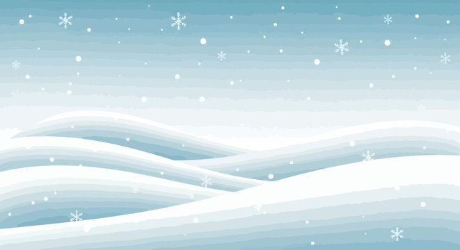 A serene winter landscape with falling snowflakes over rolling snow-covered hills.