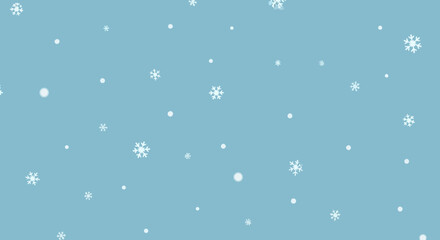 A simple winter pattern of white snowflakes and snow dots falling against a light blue background.