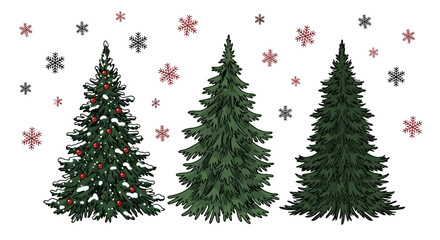 Set of three evergreen Christmas trees, one decorated with snow and red baubles, under falling snowflakes.