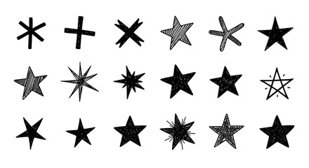 A collection of eighteen hand-drawn star doodles in various sketchy styles on a white background.