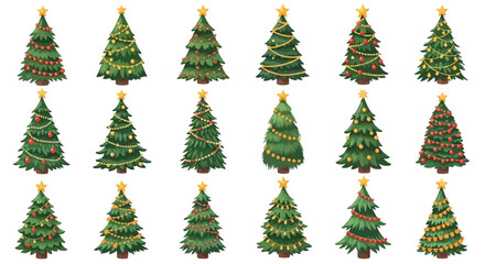 A diverse collection of eighteen illustrated Christmas trees with festive decorations on a white background.
