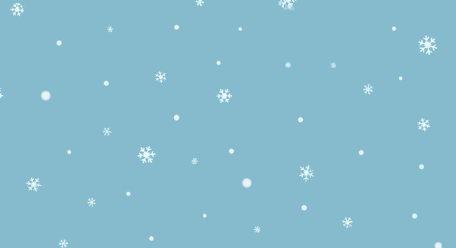 A simple winter pattern of white snowflakes and snow dots falling against a light blue background.