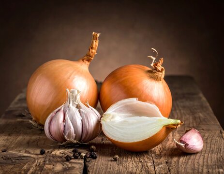 A still life captures garlic and onions on rustic wooden surface