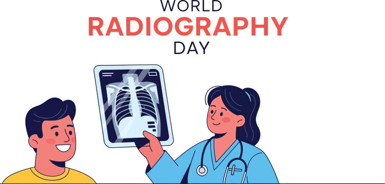 World radiography day vector illustration with doctor and patient looking at xray 