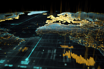 Global Network: A futuristic digital representation of the world map, interconnected by a complex network of lines and data streams.