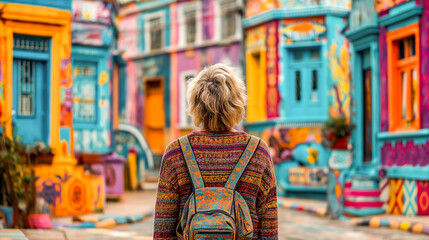 Obraz premium young man with graffiti on wall traveler exploring narrow alley